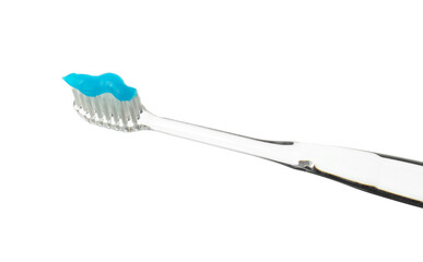 One toothbrush with toothpaste in air isolated on white