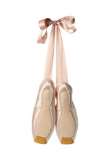 Pair of beautiful pointe shoes in air isolated on white