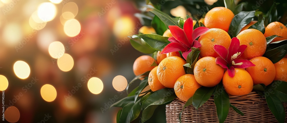 Poster a vibrant basket filled with fresh oranges and colorful flowers, set against a backdrop of shimmerin