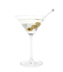 Martini cocktail with olives in glass isolated on white