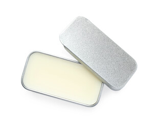 Natural solid perfume in container isolated on white, top view