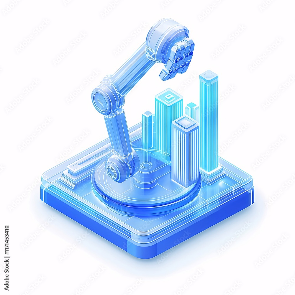 Poster robotic arm manipulating 3d bar graph.