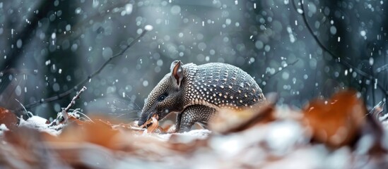 Obraz premium Nine-banded armadillo in winter snow.
