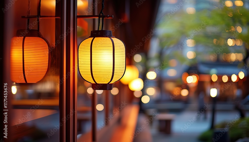 Poster the image features glowing lanterns along a walkway, creating a warm, inviting atmosphere in a seren