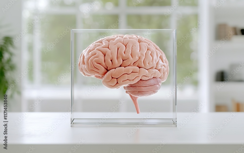Poster a realistic brain model displayed in a glass case, set against a softly blurred background, highligh