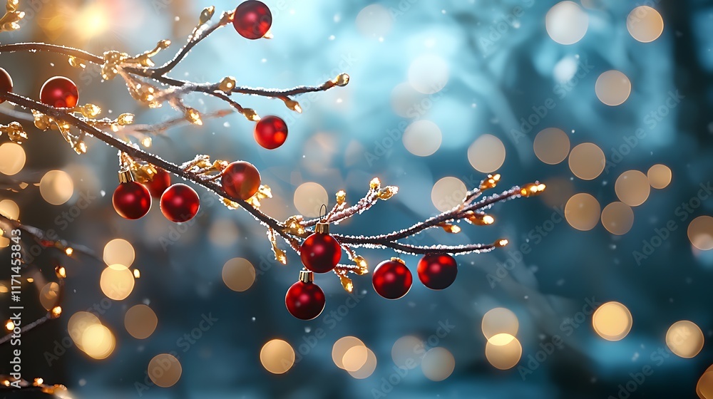 Poster glowing golden tree branches adorned with vibrant red christmas ornaments creating a captivating and