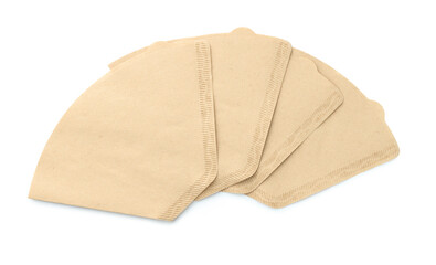 Paper coffee filters isolated on white, top view