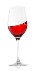 Rose wine splashing in glass on white background