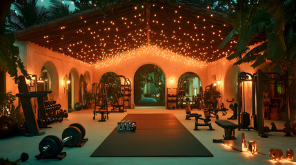 Obraz premium Outdoor gym at night, illuminated by string lights.
