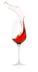 Rose wine splashing in glass on white background