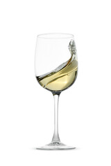 Tasty wine splashing in glass on white background