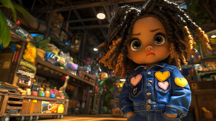 Obraz premium Grumpy girl in a cluttered shop.