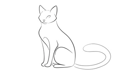 One line drawing. Cat sitting with curled tail