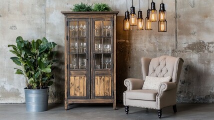 Industrial-style room interior with vintage cabinet, armchair, and plants.