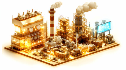 Illuminated isometric industrial complex at night.