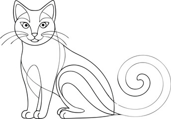 One line drawing. Cat sitting with curled tail