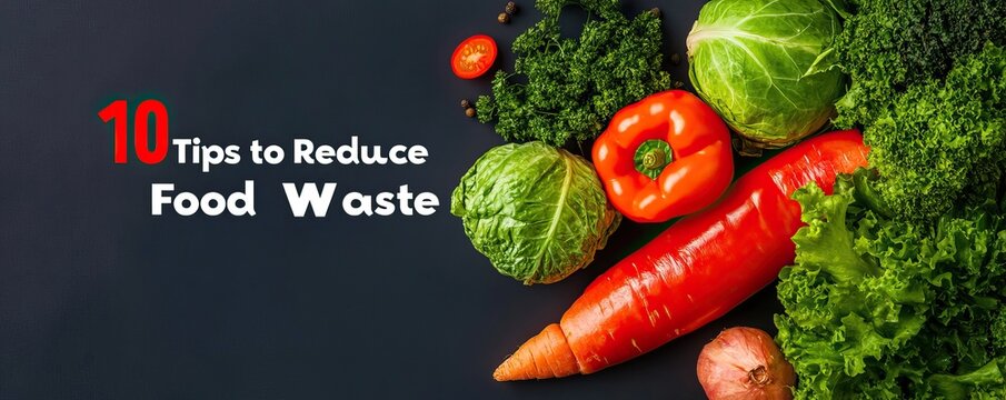 A vibrant display of fresh vegetables with a bold title offering 10 practical tips to minimize food waste and promote sustainability.