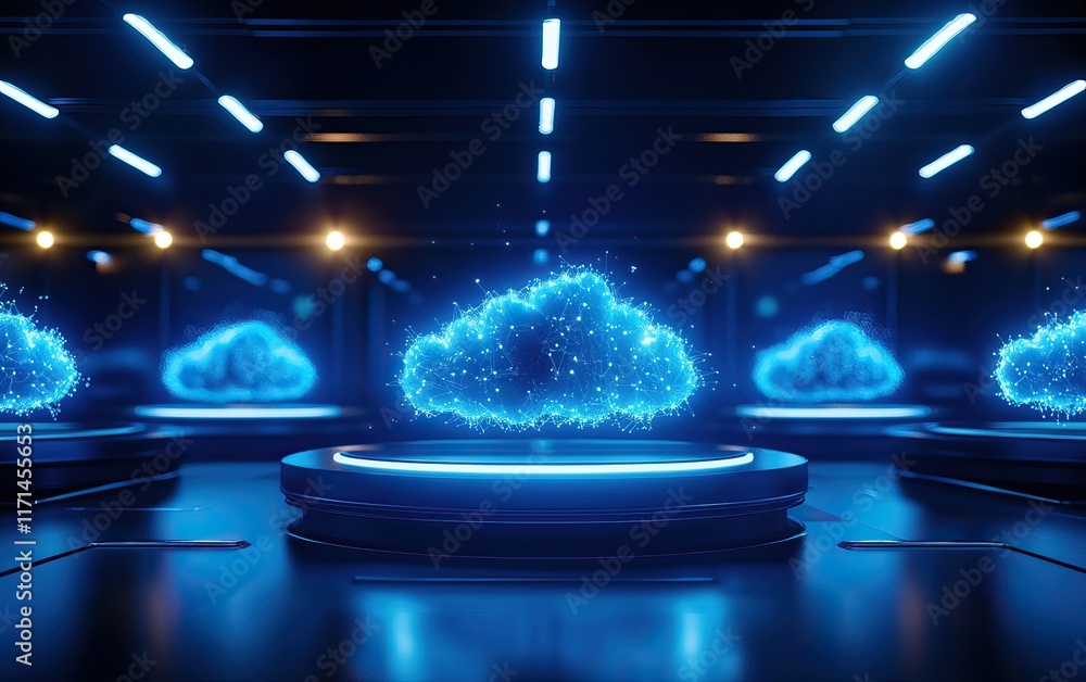 Poster a futuristic data center featuring glowing blue cloud shapes on illuminated platforms, representing 
