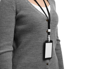 Woman with blank badge on white background, closeup