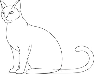 One line drawing. Cat sitting with curled tail