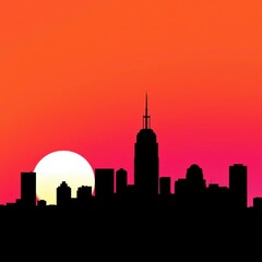 Fototapeta premium Vibrant sunset behind a silhouetted city skyline with radiating rays skyline silhouette 