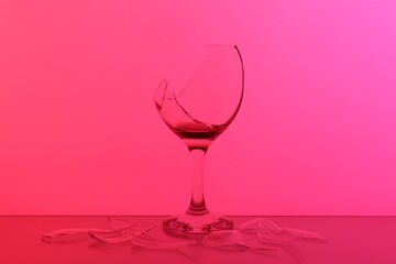 Pieces of broken glass with wine against hot pink background, color tone effect