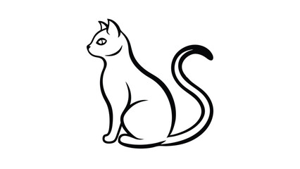 One line drawing. Cat sitting with curled tail