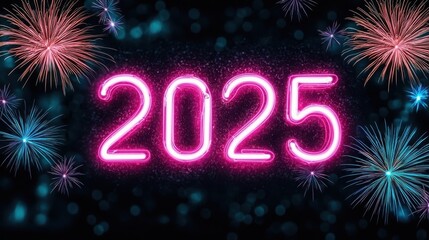 A vibrant display of fireworks surrounds the bright neon "2025," symbolizing celebration and the arrival of a new year.