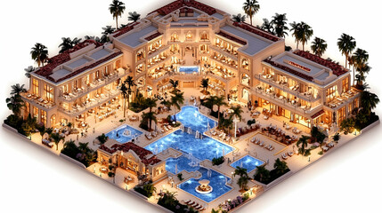 Obraz premium Luxurious resort at night, aerial view showing pools, architecture, and landscaping.