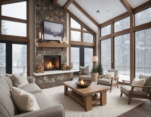 Fototapeta premium Smart Home Living Room: A Winter Wonderland by the Fireplace with a crackling fireplace and soft snow falling