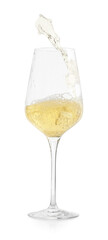 Tasty wine splashing in glass on white background
