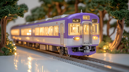 Obraz premium Illuminated model train on miniature railway track at night.