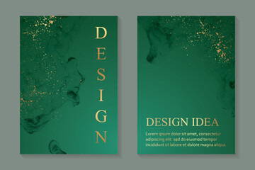 Modern watercolor background or elegant card design for birthday invite or wedding or menu with abstract green ink waves and golden splashes.