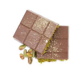 Pieces of tasty Dubai chocolate bar with pistachios and knafeh isolated on white, top view