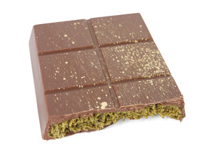 Piece of tasty Dubai chocolate with pistachios and knafeh isolated on white