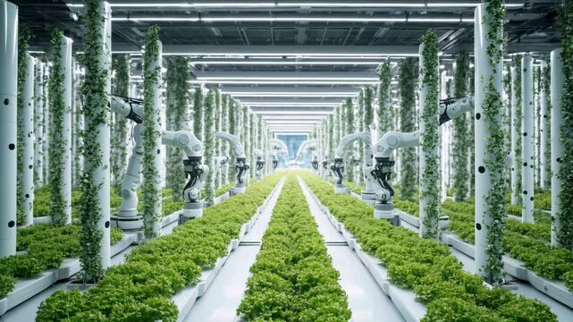 Hydroponic towers glow as robotic arms tend to plants in a futuristic vertical farm. A sleek, automated vision combining nature and advanced technology
