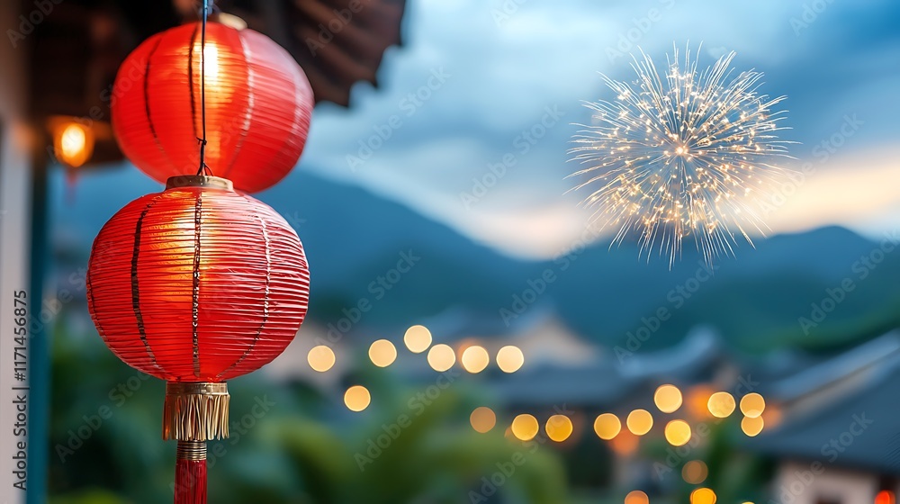 Poster vibrant fireworks bursting in a range of dazzling colors and patterns against a backdrop of a tranqu