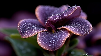 Dew-kissed purple flower close-up.