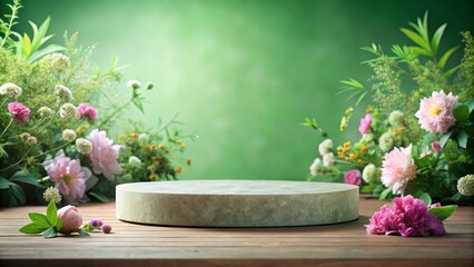Stone Pedestal Amongst Spring Blossoms Circular Platform, Green Background, Floral Composition