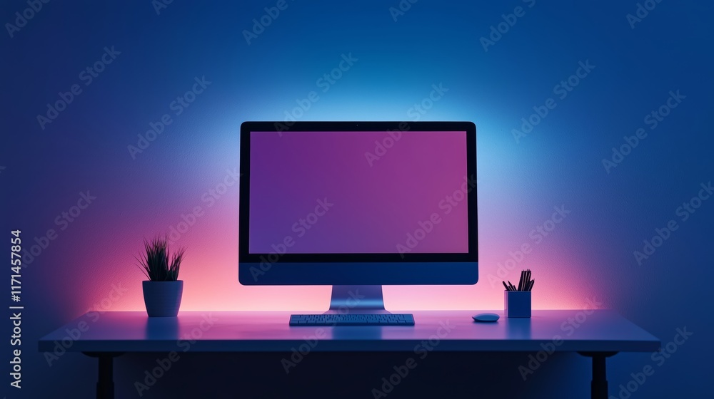Poster modern workspace with computer and ambient lighting
