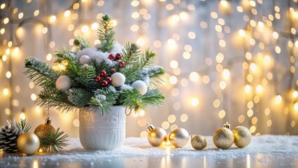 Snowy Evergreen Arrangement Festive Christmas Decor with Gold Ornaments and Lights