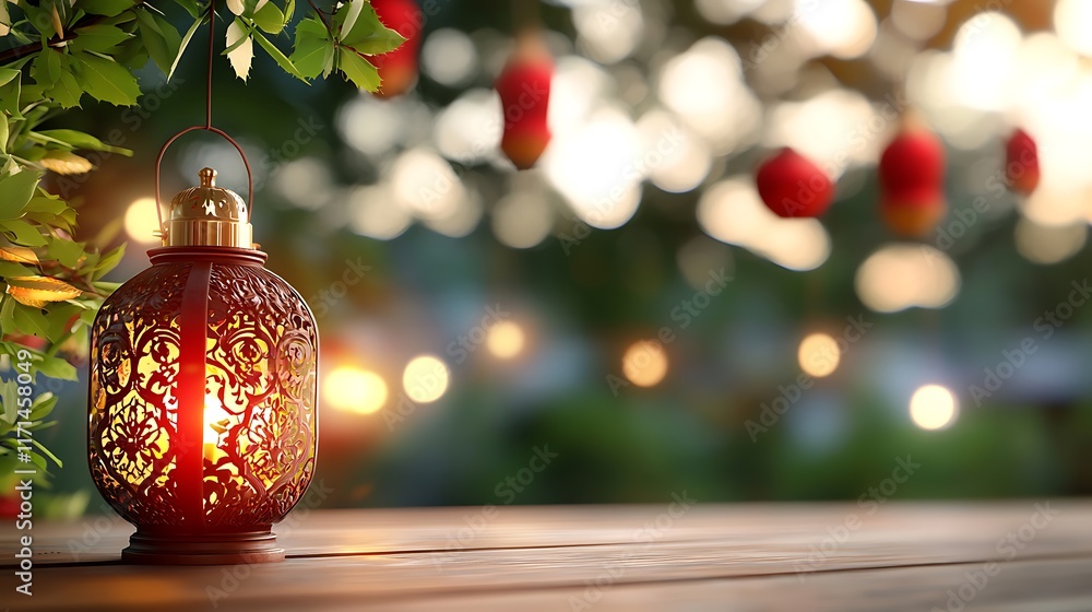 Poster glowing red and gold ornate lanterns with intricate filigree pattern creating a warm cozy and festiv
