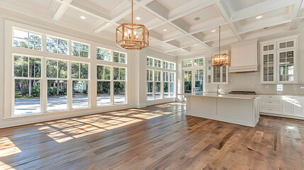 Bright, airy kitchen and living area with hardwood floors, large windows, and coffered ceiling.