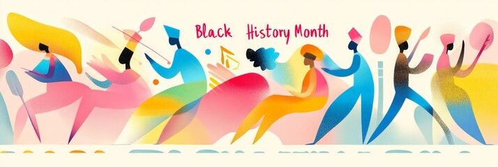 Abstract figures in vibrant colors representing a joyful parade to honor and celebrate Black History Month.