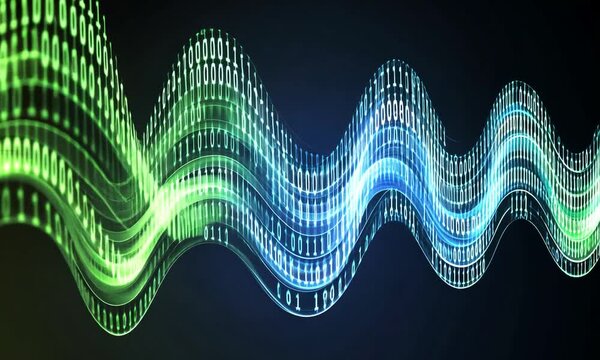 Digital data wave flowing, binary code, dark background, tech concept