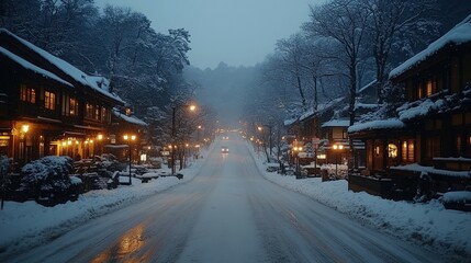 Snow-covered street, illuminated houses, winter night.