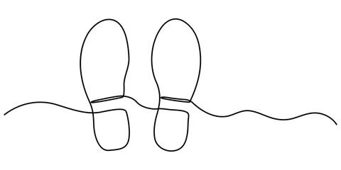 Footprints caused by executive shoes Travel concept. vector illustration, Footprints caused vector continuouse one line drawing, Footprints Black Stroke Linear Icon, Foot Print Drawing.