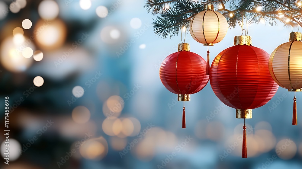 Aufkleber glowing red and gold paper lanterns floating gracefully against a soft blurred background creating a
