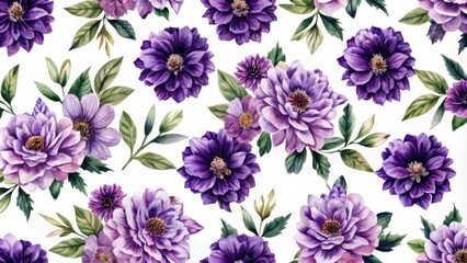 Purple Watercolor Floral Seamless Pattern Botanical Illustration of Dahlias and Anemones