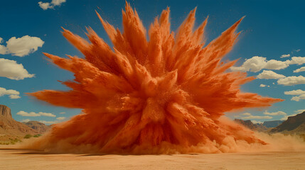 Massive red sand explosion in desert landscape under blue sky.